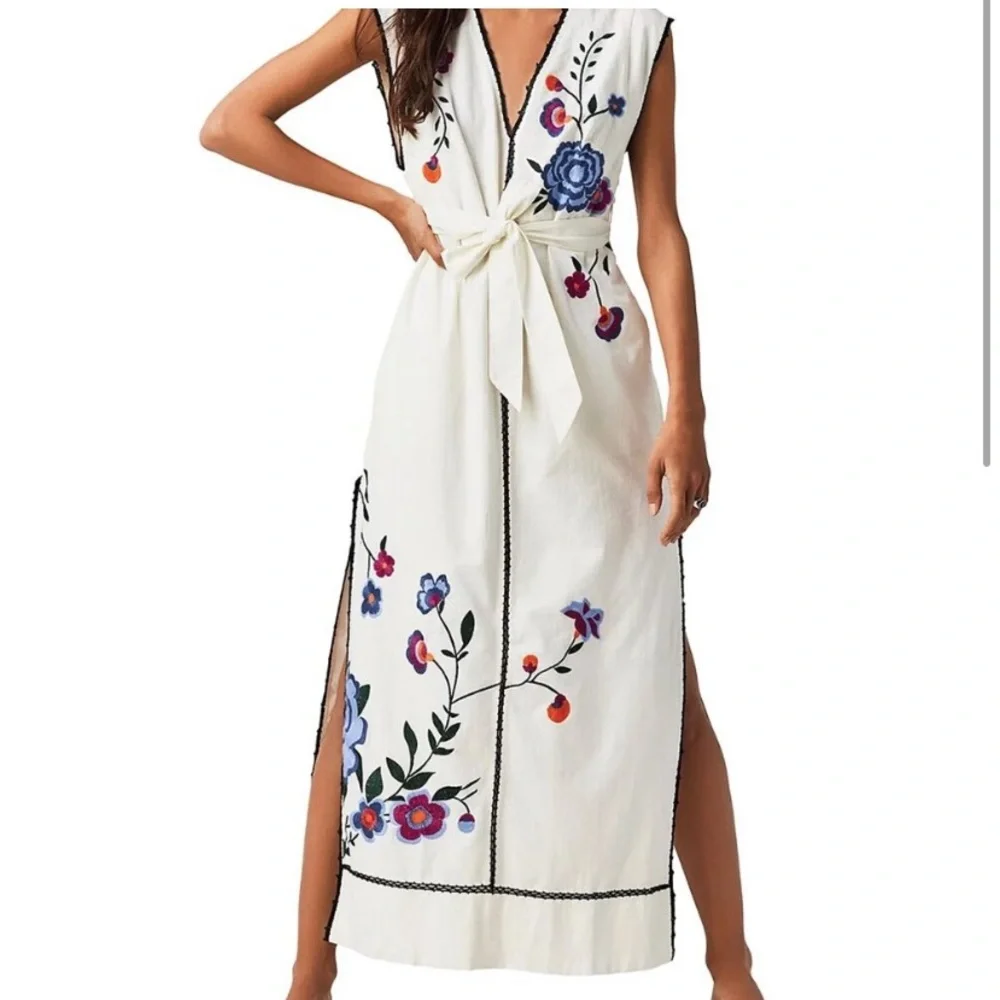 Free People Floral Embroidered Tie Waist Bo Dress - Picture 1 of 4